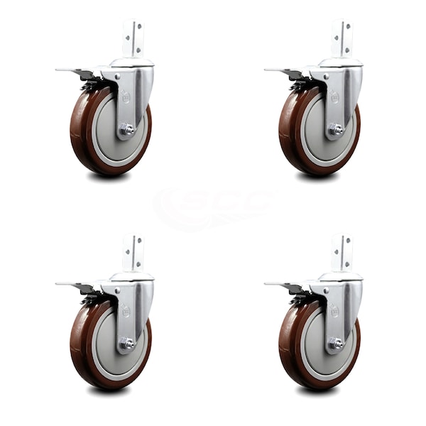 5 Inch Maroon Poly Wheel Swivel 3/4 Inch Square Stem Caster Set Total Lock Brake